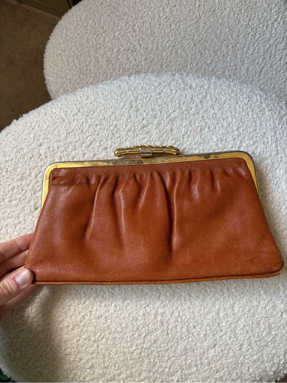 Vintage Cognac Leather Kiss Lock Clutch Wallet Retro Minimalist Purse